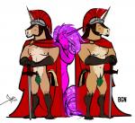 anthro armor barefoot biped black_eyes black_nipples black_tail brown_body brown_fur cape cape_only clothing eyes_closed feet fig_leaf front_view fur group hair hand_on_shoulder headgear helmet horn leaf leaf_censor long_hair male melee_weapon mostly_nude multicolored_body multicolored_fur multicolored_tail nipples nude pink_body pink_fur pink_horn pink_tail plantigrade purple_hair red_clothing simple_background smile snout standing sword tail tan_body tan_fur tan_horn tan_tail text two_tone_tail weapon white_background bgn mythology duke_(bgn) fidelis_(bgn) valens_(bgn) canid equid equine mammal mythological_creature mythological_equine unicorn 2017 censored digital_media_(artwork) signature url brother_(lore) brothers_(lore) sibling_(lore) twins_(lore)