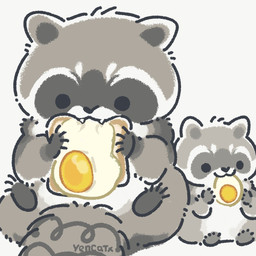 black_eyes black_nose chibi cute_fangs daww dot_eyes duo eating fangs feral food grey_body simple_eyes sitting teeth yencatx mammal procyonid raccoon 1:1 2022