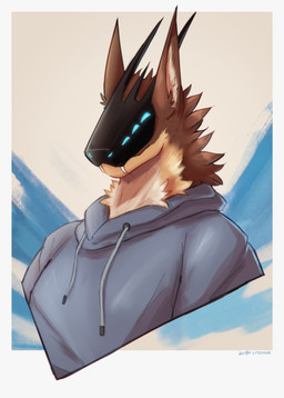 6_eyes anthro biped clothed clothed_anthro clothed_male clothing fangs fully_clothed happy hoodie horn male multi_eye solo teeth topwear litehase mitch_(theroboticdragon) mantled_beast absurd_res digital_media_(artwork) half-length_portrait hi_res portrait