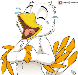 anthro beak cheek_tuft eyes_closed facial_tuft feathers head_tuft laugh logo male nude open_mouth open_smile patreon_logo simple_background smile solo tail tail_feathers tuft white_background white_body yellow_beak young young_anthro young_male pandapaco patreon artist_logo half-length_portrait portrait signature