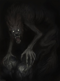 all_fours anthro claws dark dark_body dark_fur digitigrade ears_back fangs fur glistening glistening_eyes glowing glowing_eyes looking_at_viewer nude open_mouth pivoted_ears snarling solo teeth aurru mythology canid canine mammal mythological_canine mythological_creature werecanid werecanine werecreature werewolf 3:4 hi_res