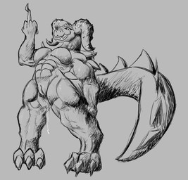 abs anthro big_breasts big_tail bodily_fluids breasts claws female genital_fluids genitals gesture grin hand_gesture horn looking_at_viewer middle_finger muscular simple_background smile solo standing tail thick_thighs vaginal_fluids vulva niannn fallout microsoft deathclaw scalie absurd_res greyscale hatching_(art) hi_res monochrome shaded sketch