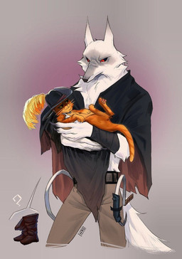 anthro arm_wrapping arm_wraps armband barefoot belt black_claws black_nose black_sclera boots bottomwear butt cape carrying_another carrying_partner clasp claws cloak clothed clothing cradling discarded_clothing duo eye_contact facial_markings feet fluffy fluffy_tail footwear fur fuzzy green_eyes green_sclera grey_background grey_body grey_fur happy hat hat_feather head_markings headgear headwear holding_another interspecies long_tail looking_at_another looking_at_partner looking_down looking_up loose_feather lying male male/male markings mask_(marking) narrowed_eyes on_back orange_body orange_fur pants pawpads pink_pawpads pointy_ears poncho prick_ears pupils question_mark red_eyes shoes sickle simple_background size_difference smile standing tail weapon_holster whiskers white_body white_fur wrapped_arms wraps shipushila dreamworks puss_in_boots_(franchise) death_(puss_in_boots) puss_in_boots_(dreamworks) canid canine canis domestic_cat felid feline felis mammal tabby_cat wolf hi_res signature