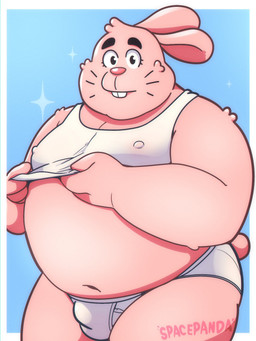 anthro belly big_belly biped bulge clothed clothing clothing_lift fur humanoid_hands male navel overweight overweight_male pink_body pink_fur pink_nose shirt shirt_lift simple_background small_bulge solo standing topwear underwear white_clothing white_shirt white_topwear white_underwear spacepanda cartoon_network the_amazing_world_of_gumball richard_watterson lagomorph leporid mammal rabbit 2026 hi_res