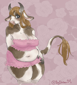anthro belly big_breasts breasts brown_hair cleavage clothed clothing female flower hair midriff overweight pajamas plant solo thick_thighs bigbitches101 toffee bovid bovine cattle humanoid mammal hi_res