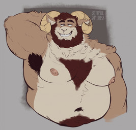 anthro armpit_hair beard body_hair bovid_horn brown_hair caprine_horn facial_hair fur grin hair hand_behind_head horn male moobs musclegut muscular navel neck_tuft nipples overweight overweight_anthro overweight_male pubes raised_arm smile solo tuft sinfulspikes echo_(game) echo_(series) echo_project carl_hendricks bovid caprine mammal sheep 2022 hi_res