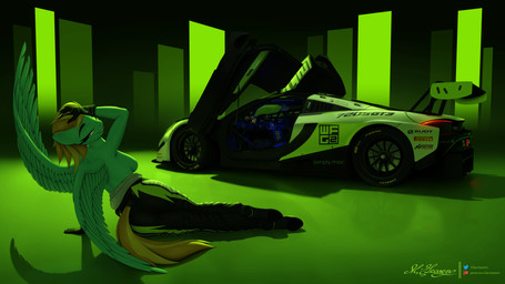 anthro bedroom_eyes blue_body breasts car clothing feathered_wings feathers female gloves hair handwear looking_at_viewer narrowed_eyes orange_hair orange_tail pose purple_eyes race_car racing_suit seductive side_boob solo spoiler_(car) tail text undressing vehicle wings clearvision friendship_is_magic hasbro my_little_pony mythology lightning_dust_(mlp) equid equine mammal mythological_creature mythological_equine pegasus 16:9 absurd_res english_text green_theme hi_res url widescreen