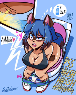 anthro anus bathroom big_breasts blue_background blush blush_lines bodily_fluids bottomwear bottomwear_down breasts butt cleavage clothed clothing female genital_fluids genitals green_eyes heart_symbol high-angle_view one_eye_half-closed onomatopoeia panties panties_down partially_clothed peeing relieved shorts shorts_down sigh simple_background skid_marks solo sound_effects speech_bubble stained_panties text toilet toilet_paper toilet_use underwear underwear_down urine urine_stain urine_stream vulva wet wet_clothing wet_panties wet_underwear wide_hips rabbidsigner brand_new_animal studio_trigger michiru_kagemori canid canine mammal raccoon_dog tanuki 2025 4:5 absurd_res digital_media_(artwork) hi_res pictographics signature