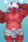 anthro balls biceps biped blue_background bulge clothed clothing detailed_bulge ears_down embarrassed erection erection_under_clothing eyes_closed genital_outline genitals gesture hair hand_behind_head hand_gesture horn male musclegut muscular muscular_anthro muscular_male nipples pecs penis penis_outline pivoted_ears pubes red_body scales simple_background slightly_chubby solo stripes thumbs_up topless underwear white_hair kaidzsu mythology meato dragon meatdragon mythological_creature mythological_scalie scalie 2:3