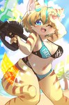 3_fingers anthro beach big_breasts bikini biped blonde_hair blue_highlights blush body_blush breasts brown_body brown_fur cheek_tuft clothing cloud countershade_fur countershading covering covering_eyes covering_face diegetic_signature eyebrow_through_hair eyebrows facial_tuft female fingers fur gun hair highlights_(coloring) holding_gun holding_object holding_ranged_weapon holding_weapon holographic_screen inner_ear_fluff kemono light navel neck_tuft one_eye_closed open_mouth pawpads plant ranged_weapon sand sea seaside short_hair solo standing stripes sunlight swimwear text thick_thighs tongue translucent translucent_hair tree tuft two-piece_swimsuit water weapon white_body white_fur wink yellow_body yellow_fur theta_k23 sunaneko_(sunaneko_zeon) felid feline felis mammal sand_cat artist_name commissioner_name english_text hi_res japanese_text