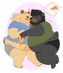 anthro body_hair cuddling duo eyes_closed eyewear food glasses heart_symbol male male/male overweight overweight_male pizza simple_background cowdypie brum steve_jovonovich bear mammal absurd_res hi_res