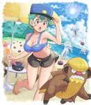 ambiguous_gender beach beverage bikini bottomwear breasts brown_body brown_fur cleavage clothed clothing eyes_closed eyewear female footwear fur green_hair group hair hat headgear headwear human_focus outside police police_officer ponytail sand sandals seaside shoes shorts sunglasses swimwear two-piece_swimsuit water white_body white_skin yellow_body yellow_fur pokemoa nintendo pokemon officer_jenny generation_7_pokemon gumshoos human mammal nihilego pokemon_(species) pyukumuku ultra_beast absurd_res digital_media_(artwork) hi_res shaded