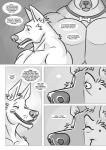 anthro big_muscles bone bulge canid canine canis collar comic dialogue domestic_dog english_text furious_(artist) german_shepherd greyscale groover herding_dog hi_res huge_muscles hyper hyper_muscles male male/male mammal meatier_shower monochrome muscular muscular_male pastoral_dog smile tanz text