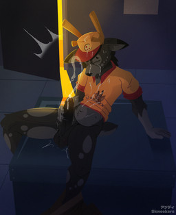 anthro antlers ball_tuft balls big_penis black_balls black_body black_fur black_penis bodily_fluids bottomless brown_antlers clothed clothing cum cum_on_belly cum_on_body cum_on_chest cum_on_face cum_on_head cum_on_own_belly cum_on_own_chest cum_on_own_face cum_on_own_head cum_on_own_penis cum_on_penis cum_on_self cumshot delivery_(commerce) ejaculation erection eyes_closed food_delivery fur genital_fluids genitals glans grey_body grey_fur hat headgear headwear horn humanoid_genitalia humanoid_penis looking_pleasured male masturbation motion_lines orgasm penile penile_masturbation penis pizza_delivery red_clothing red_glans red_hat red_headwear red_shirt red_topwear shirt sitting solo thick_thighs throbbing throbbing_balls throbbing_penis topwear tuft uniform yellow_clothing yellow_hat yellow_headwear yellow_shirt yellow_topwear skweekers pepper_(skweekers) deer mammal 2026 hi_res