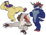 abs anthro anthrofied barazoku chest_tuft flexing group kick lying male muscular muscular_anthro muscular_male on_back pecs simple_background standing tuft white_background trencalos nintendo pokemon pokemon_legends_arceus generation_8_pokemon hisuian_decidueye hisuian_form hisuian_samurott hisuian_typhlosion pokemon_(species) regional_form_(pokemon) 2022 absurd_res hi_res