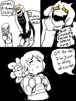 alternate_universe anthro backpack black_background bodily_fluids clothing dialogue eyeshadow female fur group joking makeup mature_anthro mature_female nervous plant shaking simple_background smile sweat text torn_clothing white_background white_body white_fur yellow_sclera irizzle underfell undertale undertale_(series) flowey_the_flower frisk_(undertale) toriel toriel_(underfell) boss_monster_(undertale) bovid caprine elemental_creature flora_fauna human mammal 3:4 absurd_res comic english_text hi_res
