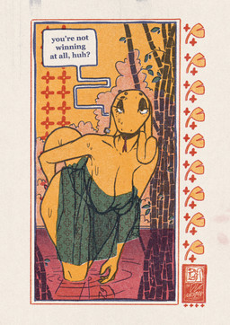 anthro bamboo border breasts cleavage clothed clothing cloud curvy_figure detailed_background dialogue eyebrow_piercing eyelashes eyeshadow facial_piercing female forked_tongue furgonomic_piercing furgonomics half-closed_eyes hand_behind_back linocut_(artwork) makeup mature_female narrowed_eyes outside partially_submerged piercing plant red_border sagging_breasts scales sky snake_hood snake_hood_piercing solo speech_bubble standing standing_in_water tail talking_to_viewer text tongue tongue_out towel towel_only towel_wrap translucent_towel water wet wide_hips yellow_body yellow_scales deltav debra_(deltav) cobra reptile scalie snake 2026 english_text hi_res signature