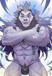 abs anthro biceps black_hair blue_eyes bulge chain chest_tuft claws clothed clothing crossed_arms facial_hair fangs finger_claws fur grey_body grey_fur hair horn looking_at_viewer male mane mane_hair muscular muscular_anthro muscular_male navel navel_piercing open_mouth piercing pubes pubic_tattoo quads sharp_teeth skimpy solo standing straps tattoo teeth thong tongue triceps tuft underwear mumu202 felid lion mammal pantherine 2020 portrait three-quarter_portrait