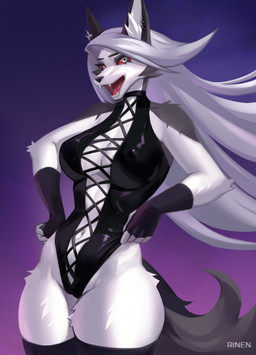 anthro breasts clothed clothing ear_piercing ear_ring female fur hair latex latex_clothing navel nipple_outline open_mouth piercing red_sclera ring_piercing simple_background smile solo standing tail white_body white_fur rinen_r hellaverse helluva_boss mythology loona_(helluva_boss) canid canid_demon canine demon hellhound mammal mythological_canine mythological_creature digital_media_(artwork) hi_res