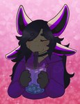 4_ears anthro beverage black_hair blush bubble_tea choker clothing ear_scar eyebrows eyes_closed femboy hair hoodie jewelry long_hair male multi_ear necklace paws scar simple_background solo topwear confusedcoffeecup starbound nezako avali shaded simple_shading watermark