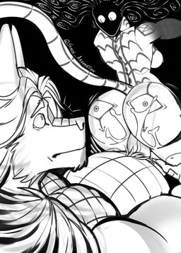 anthro arm_tattoo big_breasts big_penis breasts chest_tattoo duo eye_contact female genitals huge_penis leg_tattoo looking_at_another male male/female markings neck_tattoo neck_tuft penis pubes scale_markings scales scared size_difference surprised tattoo tuft smol_aberration ayden_feuer_(character) kadoo canid canine canis crocodilian domestic_cat felid feline felis hybrid mammal reptile scalie wolf absurd_res hi_res monochrome sketch