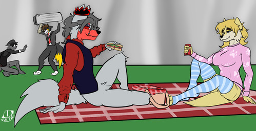 anthro background_crowd beverage big_breasts big_tail bigtail breasts clothing crown female field fight food footwear fur grey_body grey_clothing grey_fur group headgear legwear long_socks male party picnic pink_clothing red_clothing sandwich_(food) socks soda sweater tail thigh_highs topwear yellow_body yellow_fur jakesart canid canine canis domestic_dog hybrid mammal wolf wolfdog hi_res