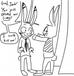 2016 anthro black_and_white buckteeth clothed clothing dialogue disney duo english_text eye_contact female fully_clothed fur grin jack_savage judy_hopps lagomorph leporid long_ears looking_at_another male mammal monochrome open_mouth rabbit simple_background smile speech_bubble standing teeth text the_weaver zootopia