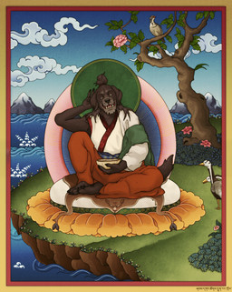 anthro brown_body brown_eyes brown_fur claws cloud fingers flower fur landscape lotus_(flower) male monk mountain mudra multicolored_body multicolored_fur plant religion shrub sky solo tail thangka tibetan two_tone_body two_tone_fur water wave xroshtag_(artist) buddhism buddhist_mythology mahayana_buddhism anatid anseriform anserine avian bird bodhisattva canid canine canis domestic_dog goose mammal 2026 hi_res