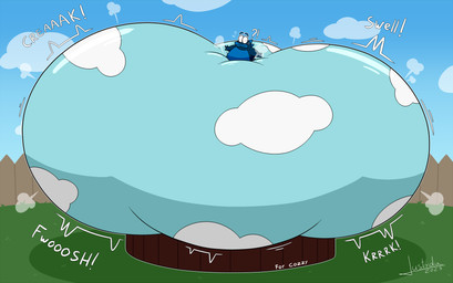 air_inflation air_puff blue_body clothing_inflation creaking fence inflation interrobang motion_lines onomatopoeia pants_inflation shadow sky skyscape sound_effects text wood wood_fence justydia cozzy_(character) alien 2025 hi_res signature