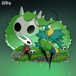 anthro female feral group headpat male moss nervous patting plant simple_background spikes spikes_(anatomy) fansl hollow_knight:_silksong hollow_knight_(franchise) team_cherry green_prince_(hollow_knight:_silksong) hornet_(hollow_knight) arachnid arthropod insect mantis mossgrub verdanian 1:1 hi_res