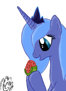 blue_eyes blue_hair crown female feral food fruit hair headgear horn melon plant simple_background solo watermelon watermelon_slice white_background unknown_artist friendship_is_magic hasbro my_little_pony mythology princess_luna_(mlp) equid equine mammal mythological_creature mythological_equine unicorn