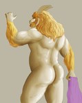 anthro arm_hair beard belly biceps big_butt blonde_hair body_hair butt cape clothing facial_hair fur hair hairy holding_cape horn long_ears looking_at_viewer looking_back male musclegut muscular muscular_anthro muscular_male nude nude_anthro nude_male rear_view simple_background slightly_chubby slightly_chubby_male solo white_background white_body white_fur kirlanlion undertale undertale_(series) asgore_dreemurr bovid caprine goat mammal 2020 hi_res