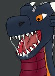 anthro black_body bodily_fluids horn male open_mouth oral_vore orange_eyes red_body red_scales saliva scales solo swallowing teeth tongue unwilling_prey vore crumpet_fur mythology dragon mythological_creature mythological_scalie scalie absurd_res hi_res