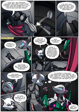 anthro armor cloak clothing dialogue duo female fur inside male red_eyes size_difference text white_body white_fur kitfox-crimson in_our_shadow sage_(kitfox-crimson) tourmaline_(kitfox-crimson) american_opossum mammal marsupial murid murine rat rodent absurd_res comic english_text hi_res