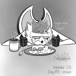 anthro beak chair coffee_mug cutlery egg feathers fist food fork frown furniture kitchen_utensils male mouth_closed multi_eye pancake paper_crown plate solo steam text tools atimon hellaverse helluva_boss stolas_(helluva_boss) avian demon 1:1 2025 monochrome signature
