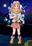 bag boots bottomwear brown_hair button_(fastener) clock clothed clothing detailed_background edmol female footwear full_moon fully_clothed grass hair human lake legwear light_body light_skin mammal moon mountain nature night outside plant red_eyes scarf skirt sky socks solo star star_(sky) starry_sky transformation tree watch wristwatch