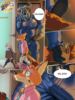 anthro belt bulge clothing detailed_bulge eyewear female genital_outline glasses group imminent_sex male muscular muscular_male pecs penis_outline penis_shaped_bulge shocked size_difference stepping_on_tail surprised tail teeth text trio egg_concept disney zootopia chief_bogo judy_hopps nick_wilde bovid bovine canid canine cape_buffalo fox lagomorph leporid mammal rabbit absurd_res comic english_text hi_res