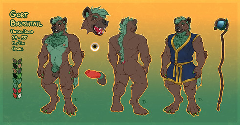 animal_genitalia anthro arm_tuft brown_body brown_fur calf_tuft claws druid elbow_tuft fluffy fluffy_chest fur genitals gort_(itmeporps) gradient_background green_background green_body green_claws green_fur green_hair green_tail hair leg_tuft magic_user male nipples orange_pawpads pawpads penis pink_nipples pubes red_penis sheath shoulder_tuft simple_background solo staff tail tribal_spellcaster tuft tusks yellow_background interkos gnoll hyena mammal 2023 model_sheet