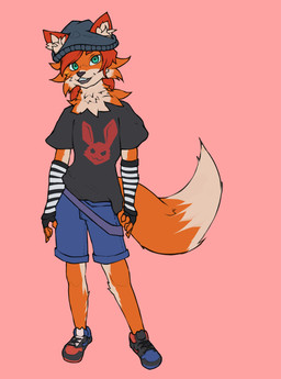 alternative_fashion anthro bangs big_tail biped black_clothing blue_clothing clothed clothed_anthro clothed_male clothing dipstick_tail front_view fur green_eyes hair inner_ear_fluff looking_at_viewer male male_anthro markings orange_body orange_fur pose red_hair scene_(fashion) simple_background smile solo standing tail tail_markings tan_body tan_fur tuft young manustuff ashley_cove canid canine changeling_(world_of_darkness) fox mammal pooka_(world_of_darkness) digital_drawing_(artwork) digital_media_(artwork) full-length_portrait hi_res portrait