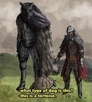 anthro armor cape clothing duo humor knight male text warrior pixel_axel elden_dogs_(meme) elden_ring fromsoftware blaidd_(elden_ring) tarnished_(elden_ring) canid canine canis domestic_dog human mammal reptile scalie tortoise turtle wolf absurd_res english_text hi_res meme