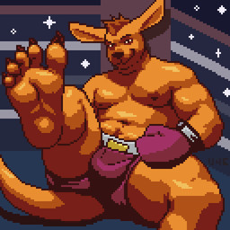 bad_end boxing boxing_gloves boxing_shorts claws clothing dominant dominant_male feet fighting_ring foot_fetish foot_focus handwear humanoid_feet looking_at_viewer male plantigrade punishment raised_leg smile smiling_at_viewer smirk smirking_at_viewer solo sport tail toe_claws u4e kangaroo macropod mammal marsupial 1:1 digital_media_(artwork) pixel_(artwork)