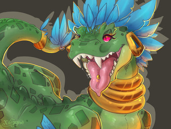 bodily_fluids drooling ear_piercing ear_ring feathers female feral gold_(metal) gold_jewelry gold_necklace jewelry mouth_shot neck_ring necklace open_mouth piercing ring_piercing saliva saliva_string sharp_teeth solo teeth thick_tongue tongue tongue_out tongue_piercing xilrayne blizzard_entertainment warcraft dinosaur dromaeosaurid feathered_dinosaur feathered_scalie prehistoric_species ravasaur reptile saurischian scalie theropod