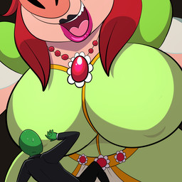 anthro big_breasts bodily_fluids breasts clothing dress duo female green_body green_skin hair huge_breasts larger_anthro larger_female lipstick makeup male micro nipple_outline open_mouth red_hair size_difference smaller_human smaller_male smile suit sweat sweatdrop lonbluewolf mighty_magiswords anon queen_porcina domestic_pig human mammal suid suine sus_(pig) 1:1