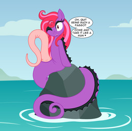 :3 big_penis black_eyeshadow cloud dialogue eyelashes eyeshadow fangs female feral genitals hair heart_symbol long_penis looking_at_viewer makeup one_eye_closed penis pink_penis purple_body purple_eyes purple_hair rock sea sky solo teeth text water wink badumsquish hasbro my_little_pony fan_character nerie_(badumsquish) aquatic fish merpony seahorse syngnathid syngnathiform absurd_res english_text hi_res