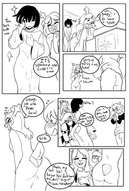 ambiguous_gender anthro bent_over bottomless bulge butt butt_window casual_exposure casual_nudity cfnm clothed clothing cutout dress dress_only embarrassed female form_fitting male nude only_one_nude short_tail tail text saikoart deltarune undertale_(series) kris_dreemurr noelle_holiday ralsei susie_(deltarune) darkner human mammal comic english_text hi_res monochrome
