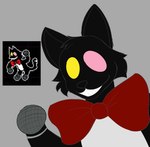 ambiguous_gender anthro black_body black_ears bow_tie electronics fur looking_at_viewer male microphone pink_eyes smile solo toothy_grin white_body white_fur yellow_eyes anonymous_artist deltarune undertale_(series) mike_(deltarune) pluey_(deltarune) domestic_cat felid feline felis mammal absurd_res hi_res sketch