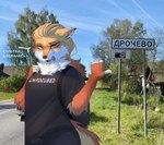 anthro canid canine ebbi_arlert female fox humor koffit mammal photo_manipulation real russian_text sign text tongue tongue_out