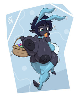 areola basket big_breasts biped blue_clothing breasts clothing container easter_egg eyelashes fake_ears fake_rabbit_ears female glistening glistening_body holidays huge_breasts legwear mostly_nude nipples not_furry pupils solo thigh_highs chapsan easter shantelle_(joaoppereiraus) goblin humanoid 2026 absurd_res digital_media_(artwork) hi_res