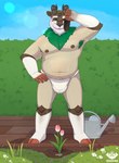 age_difference anthro armpit_hair asian_clothing belly big_belly bodily_fluids body_hair bulge chest_hair clothed clothing dirt east_asian_clothing eyewear facial_hair fundoshi fundoshi_only fur garden gardening glasses grass hair horn japanese_clothing male male/male multicolored_body multicolored_fur muscular muscular_anthro muscular_male navel nipples older_male outside overweight overweight_male pecs plant smile solo sweat teeth thick_thighs topless underwear underwear_only heronin868 nintendo pokemon bovid generation_6_pokemon gogoat mammal pokemon_(species) absurd_res digital_media_(artwork) hi_res shaded