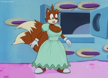 2_tails anthro big_breasts black_nose breasts brown_body brown_fur clothing crossgender dress female footwear fur gloves green_clothing green_dress handwear huge_breasts mtf_crossgender multi_tail screencap screencap_background shoes solo standing tail white_clothing white_gloves white_handwear totesfleisch8 adventures_of_sonic_the_hedgehog sega sonic_the_hedgehog_(series) miles_prower canid canine fox mammal 2023